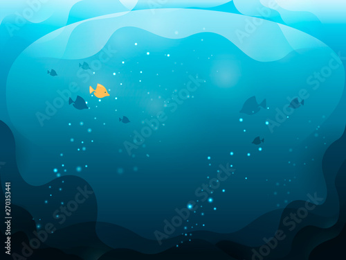 Abtract blue deep ocean background with fish and transparent bubbles