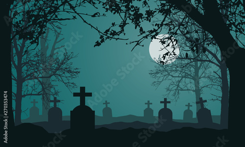 Realistic illustration of spooky landscape and forest with dead and dry trees, cemetery with tombstones and full moon on night green sky. Suitable as a card for Halloween, vector photo