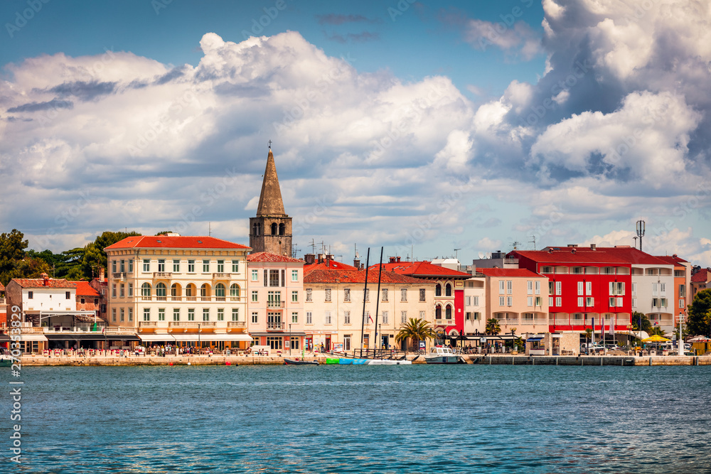 Great morning cityscape of popular summer resort Porec. Colorful spring seascape of Adriatic Sea. Great  scene of Istrian Peninsula in western Croatia, Europe. Traveling concept background.