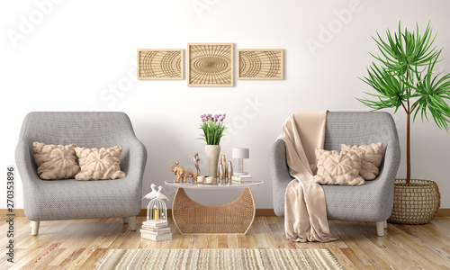 Interior design of modern living room with two armchairs, coffee table with books , 3d rendering