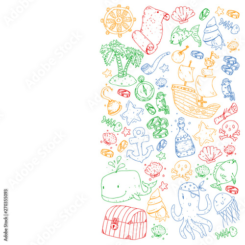 Ocean and sea for children. Pattern for boys. Pirate party. Cute fishes, animals, treasures. Kids vacation pattern, beach toys and elements.