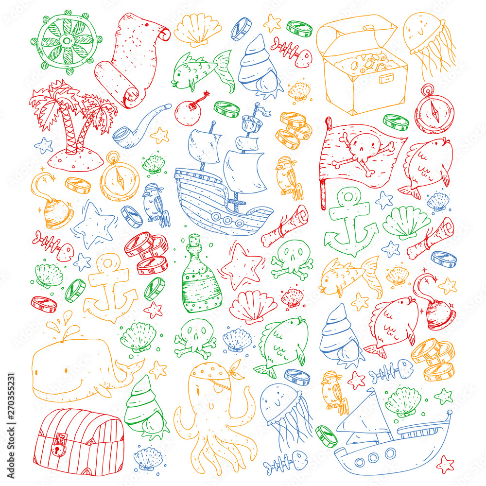 Ocean and sea for children. Pattern for boys. Pirate party. Cute fishes, animals, treasures. Kids vacation pattern, beach toys and elements. Ocean and sea for children. Pattern for boys. Pirate party. Cute fishes, animals, treasures. Kids vacation pattern, beach toys and elements.
