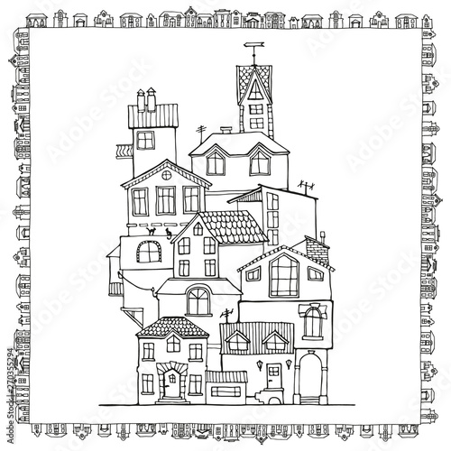 Hand drawn doodle houses in black and white. Adult coloring page. Cartoon coloring book. Vector Illustration.