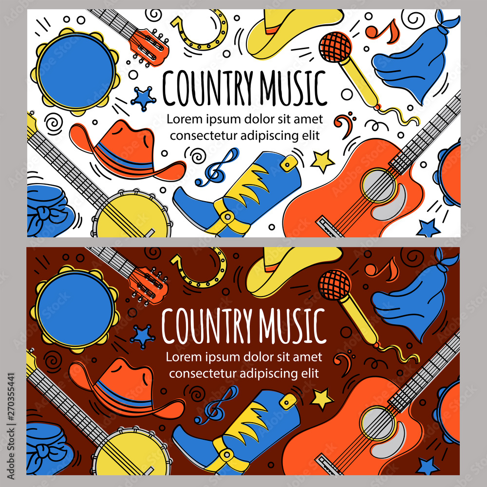 Fototapeta premium COUNTRY MUSIC BANNER American Cowboy Western Festival Vector Illustration Set for Print Fabric and Decoration