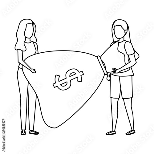 young women lifting money bag characters