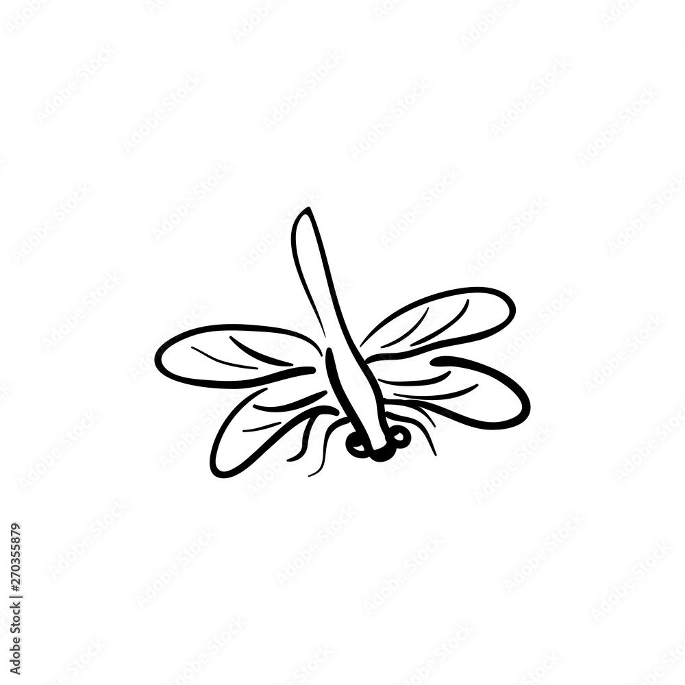 Black dragonfly on white background isolated. Hand-drawn vector illustration.