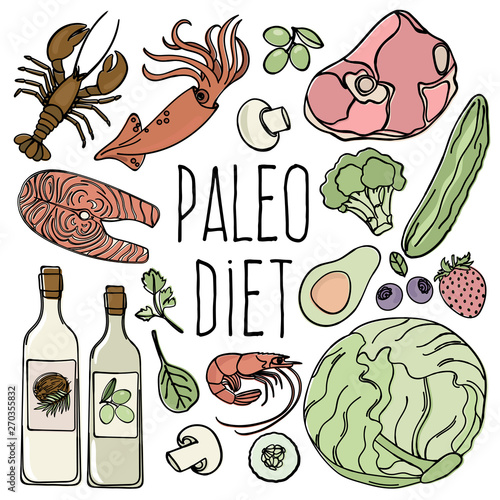 PALEO Healthy Food Low Carb Diet Menu Organic Proper Nutrition Vector Illustration Set for Print Fabric and Decoration