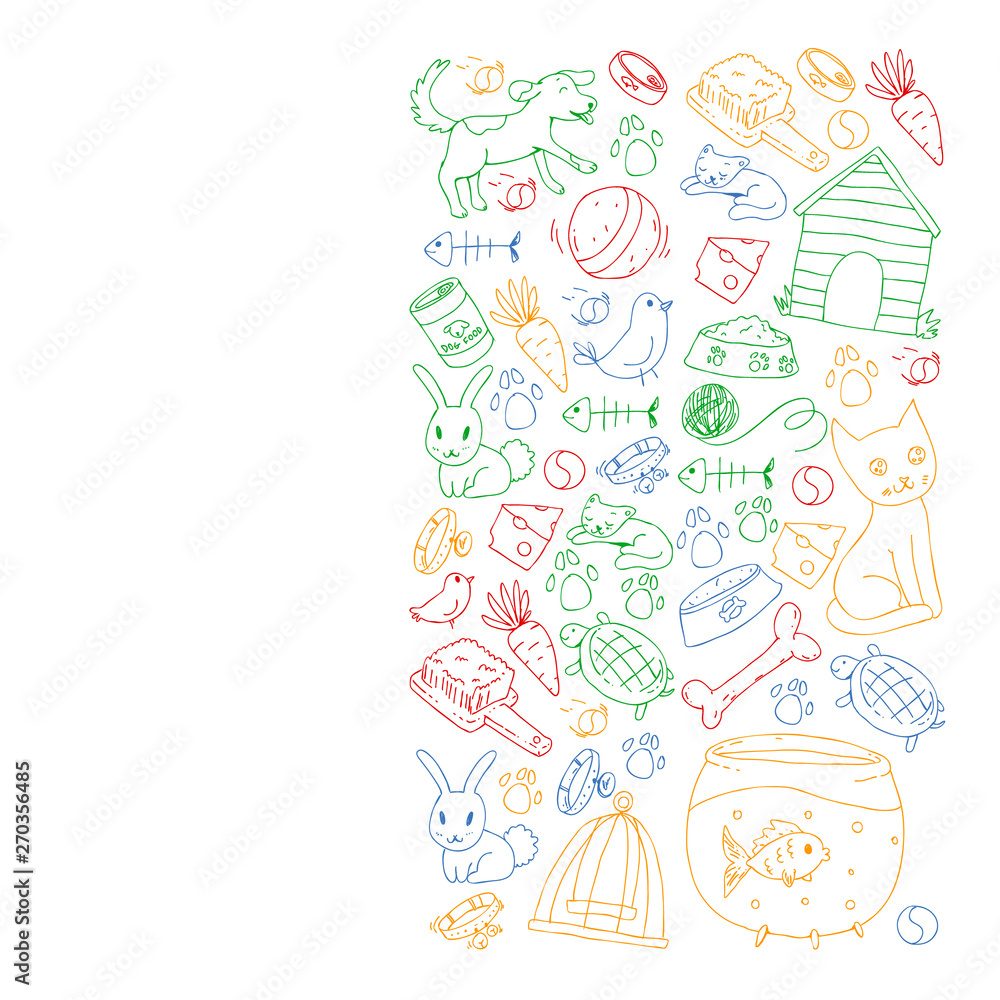 Pet shop. Vector illustration with animals, dog, cat, fish, Colorful background with kitten, bird, puppy. Veterinarian clinic. Pet shop. Vector illustration with animals, dog, cat, fish, Colorful background with kitten, bird, puppy. Veterinarian clinic.
