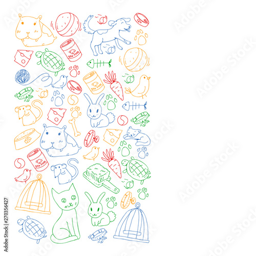 Pet shop. Vector illustration with animals, dog, cat, fish, Colorful background with kitten, bird, puppy. Veterinarian clinic.