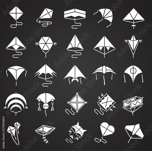 Kites icons set on black background for graphic and web design. Simple vector sign. Internet concept symbol for website button or mobile app.