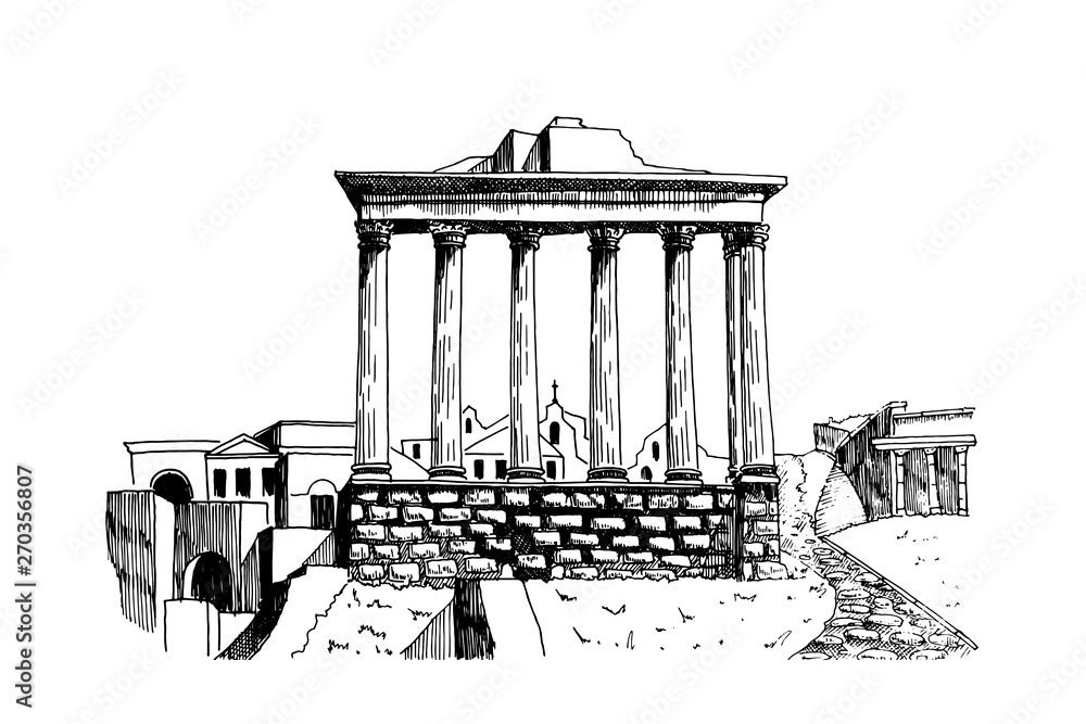 vector sketch of Ancient ruins of a Roman Forum or Foro Romano, Rome ...