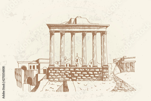 vector sketch of Ancient ruins of a Roman Forum or Foro Romano, Rome, Italy.