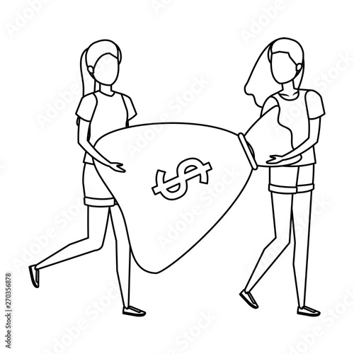 young women lifting money bag characters