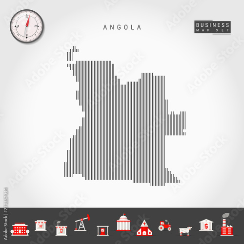 Vector Vertical Lines Pattern Map of Angola. Striped Simple Silhouette of Angola. Realistic Vector Compass. Business Infographic Icons.