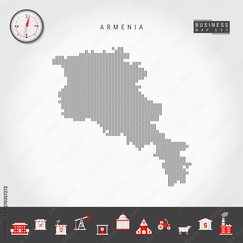 Vector Vertical Lines Pattern Map of Armenia. Striped Simple Silhouette of Armenia. Realistic Vector Compass. Business Infographic Icons.