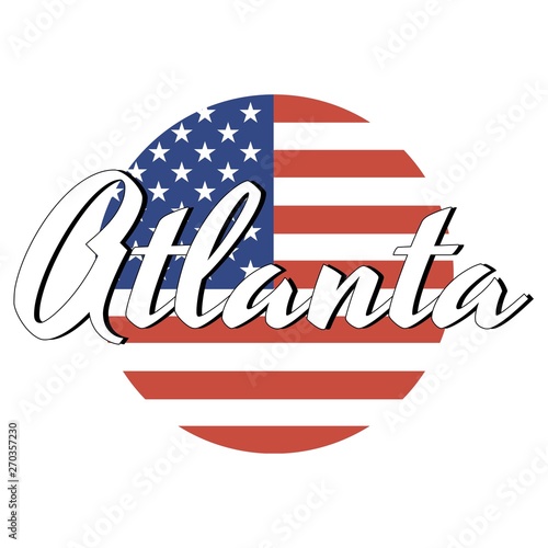 Circle button Icon of national flag of The United States of America with red and blue colors and inscription of city name: Atlanta in modern style. Vector EPS10 illustration.