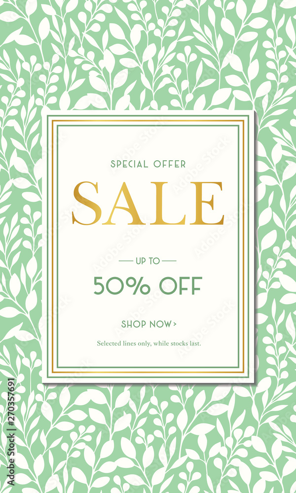 Green Spring Summer Foliage Silhouettes Sale Promotion Vertical Banner. Social Media Ads Graphics. Abstract Floral Print