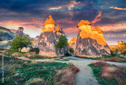 Fantastic fungous forms of sandstone in the canyon near Cavusin village, Cappadocia, Nevsehir Province in the Central Anatolia Region of Turkey, Asia. Beauty of nature concept background. photo