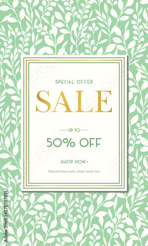 Green Spring Summer Foliage Silhouettes Sale Promotion Vertical Banner. Social Media Ads Graphics. Abstract Floral Print
