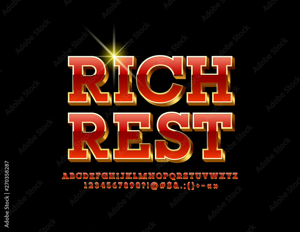 Vector elite logo Rich Rest with 3D uppercase Font. Red and Golden Alphabet Letters, Numbers and Symbols Vector elite logo Rich Rest with 3D uppercase Font. Red and Golden Alphabet Letters, Numbers and Symbols