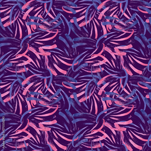 Seamless whimsical abstract pattern with pink shade watercolor splashes, hand-painted brush strokes on purple background. Abstract seamless pattern with pink and purple watercolor splashes