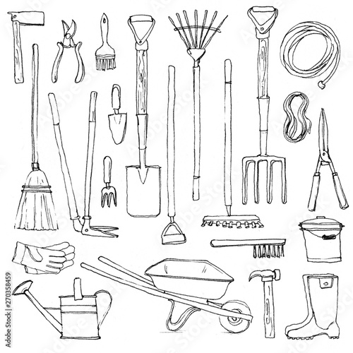 Big set of hand-drawn gardening tools, rough sketch of rakes spade fork shears pruners hammer chopper barrow cutters bucker watering pot gloves ruber boots broom hose rope isolated on white background photo