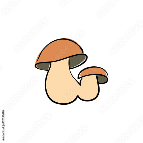 Cute penny bun mushroom is growing in the grass. The beautiful small brown cap of a cep is in the focus. It is vegetarian diet food.