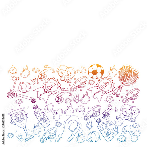 Vector pattern with sport elements. Fitness, games, exercises. Doodle icons in kids drawing style