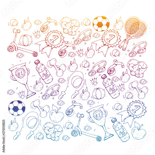 Vector pattern with sport elements. Fitness, games, exercises. Doodle icons in kids drawing style