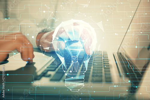 Growing arrows with businessman working on computer on background. Success concept. Double exposure.