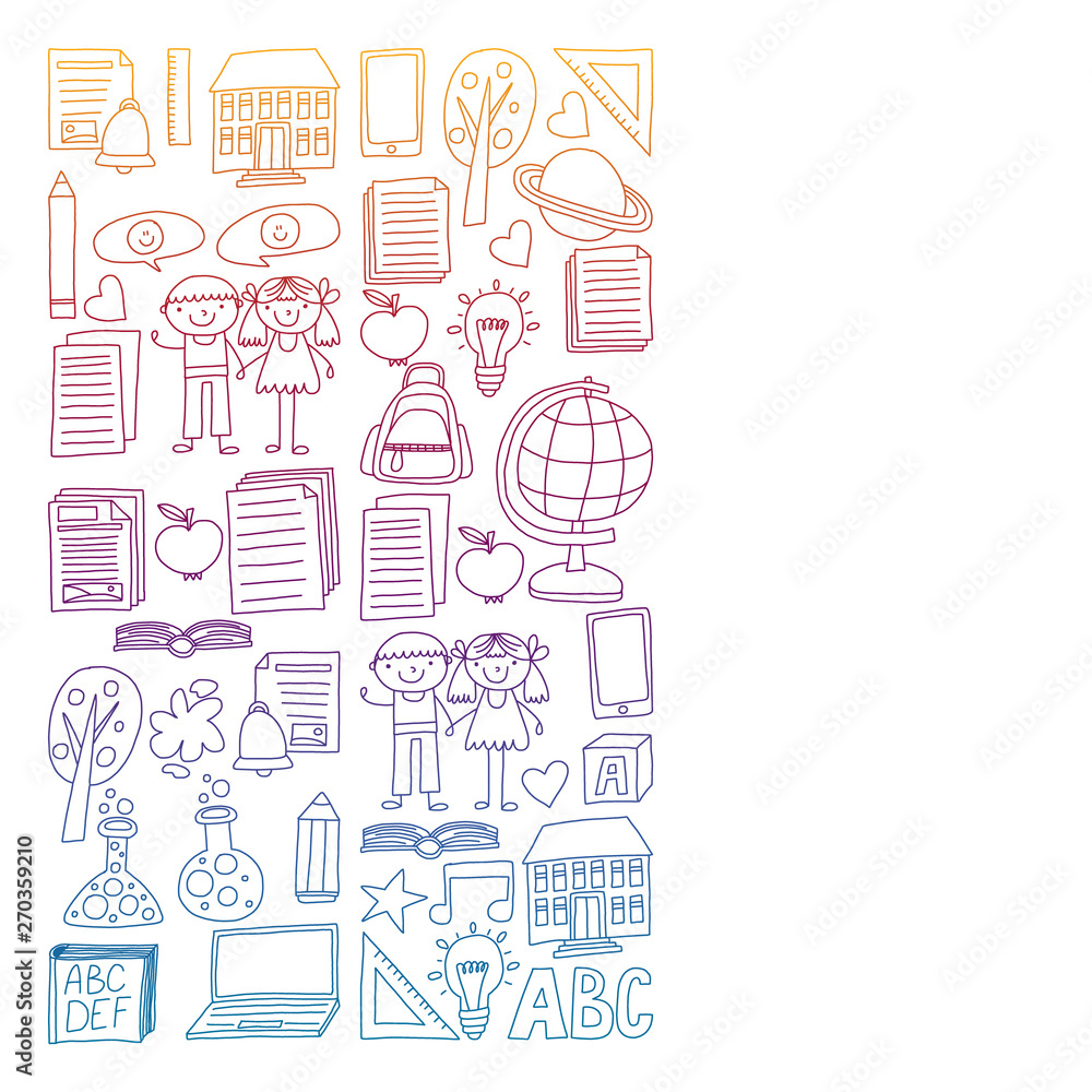 Vector set of secondary school icons in doodle style. Painted, colorful, gradient, on a white background. Vector set of secondary school icons in doodle style. Painted, colorful, gradient, on a white background.