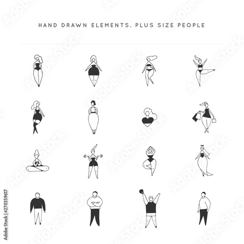 Set of hand drawn icons. Happy attractive overweight women and men. Body positive concept. Vector illustration.