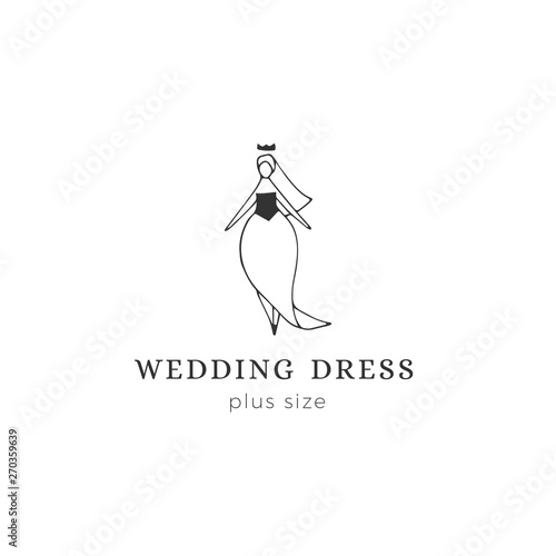 Hand drawn vector logo template. Attractive overweight woman in wedding dress. Body positive, plus size concept.