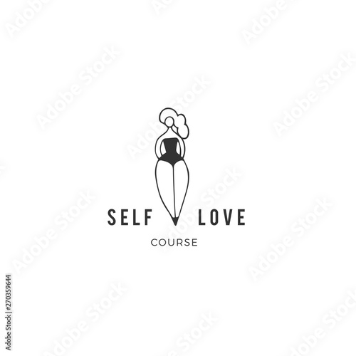 Vector hand drawn icon with text. Body positive, plus size concept. Happy attractive overweight woman.