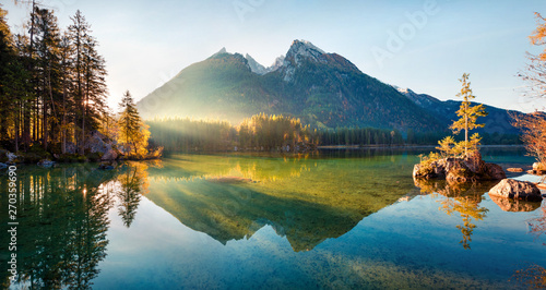 Fantastic autumn sunrise on Hintersee lake. Colorful morning view of Bavarian Alps on the Austrian border  Germany  Europe. Beauty of nature concept background.