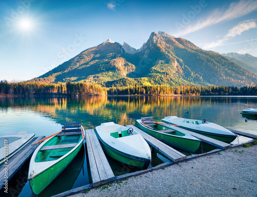 Picturesque autumn scene of Hintersee lake. Colorful morning view of in the Bavarian Alps on the Austrian border, Germany, Europe. Traveling concept background.