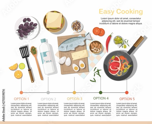 Infographic, Different dishes and food. Top view. 
