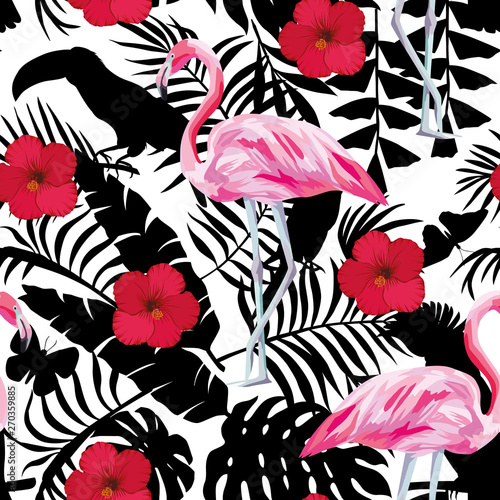 Flamingo hibiscus tropical background seamless