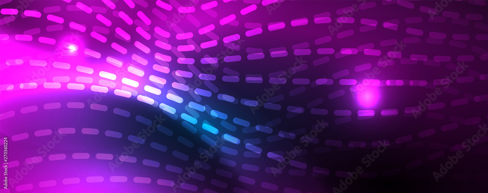 Fototapeta premium Smooth wave lines on blue neon color light background. Glowing abstract wave on dark, shiny motion, magic space light
