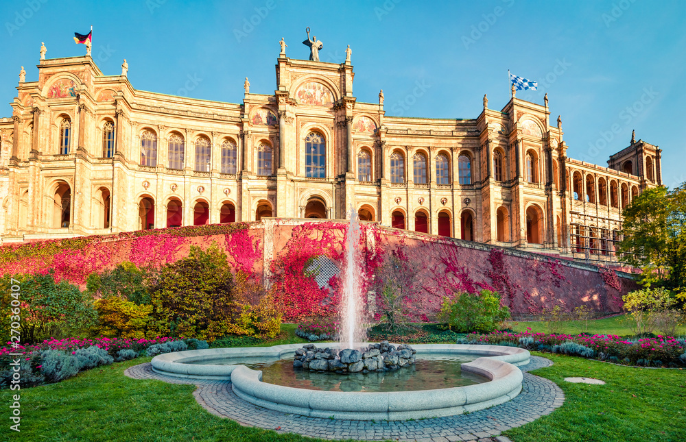 Obraz premium Splendid morning view of Maximilianeum, Home of the Bavarian State Parliament, with interiors viewable by guided tour only and a park setting, Munich, Bavaria, Germany, Europe.