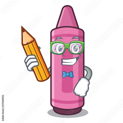 Student pink crayons in cartoon school bag