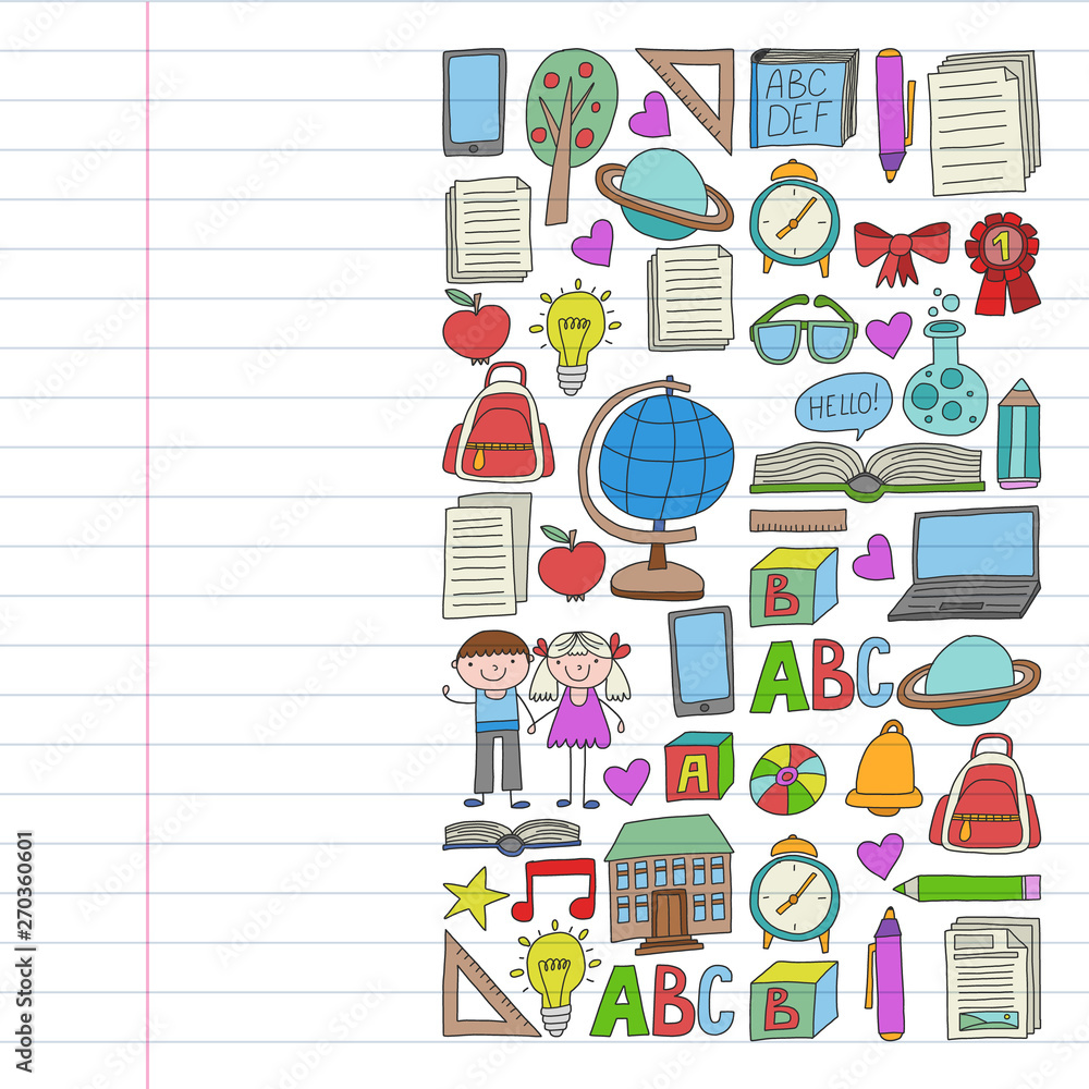 Vector set of Back to School icons in doodle style. Painted, colorful, pictures on a piece of linear paper on white background. Vector set of Back to School icons in doodle style. Painted, colorful, pictures on a piece of linear paper on white background.