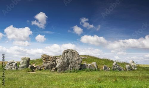 West Kennet Long Barrow is a Neolithic tomb or barrow, situated on a prominent chalk ridge, near Silbury Hill, one-and-a-half miles south of Avebury. © Denis