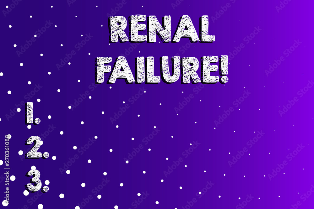 Text sign showing Renal Failure. Business photo showcasing medical condition in which the kidneys no longer function Lilac Violet Background White Polka Dots Scattered in Linear Perspective Text sign showing Renal Failure. Business photo showcasing medical condition in which the kidneys no longer function Lilac Violet Background White Polka Dots Scattered in Linear Perspective