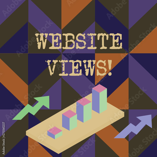 Handwriting text writing Website Views. Conceptual photo Number of visitors a website receives in a given time period Colorful Clustered 3D Bar Chart Graph Diagram in Perspective with Two Arrows