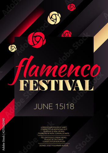 Vertical flamenco dark background with red and golden graphic elements and text. 