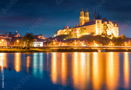 Fantastic nightview of oldest overlooking the River Elbe castle - Albrechtsburg. Colorful veneig cityscape of Meissen, Saxony, Germany, Europe. Traveling concept background.