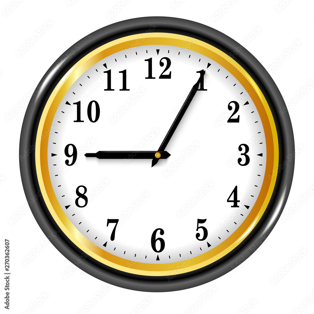 Realistic wall clock with black and gold rim. Vector illustration isolated on the white background. Realistic wall clock with black and gold rim. Vector illustration isolated on the white background.