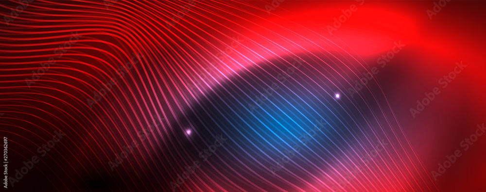 Obraz premium Smooth wave lines on blue neon color light background. Glowing abstract wave on dark, shiny motion, magic space light