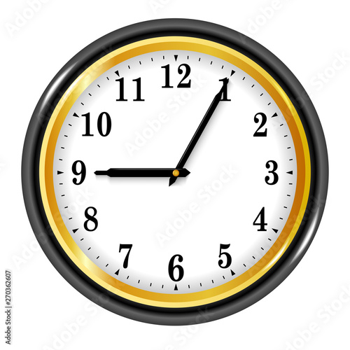 Realistic wall clock with black and gold rim. Vector illustration isolated on the white background.